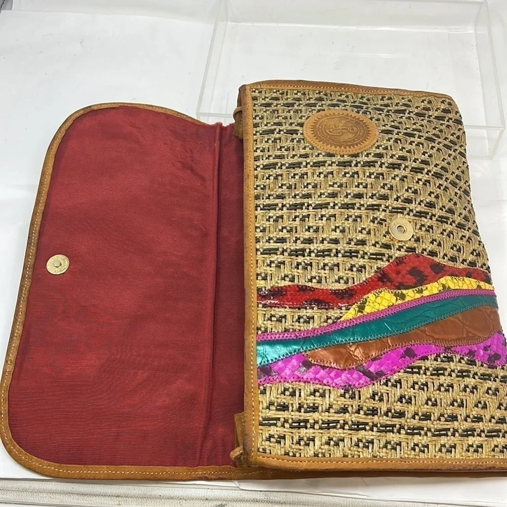 Carlos Falchi Woven Leather and Hemp and Exotic Patchwork of Skins Clutch Bag